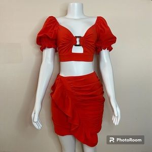 Orange cutout puff sleeve ring crop top ruched ruffle skirt set